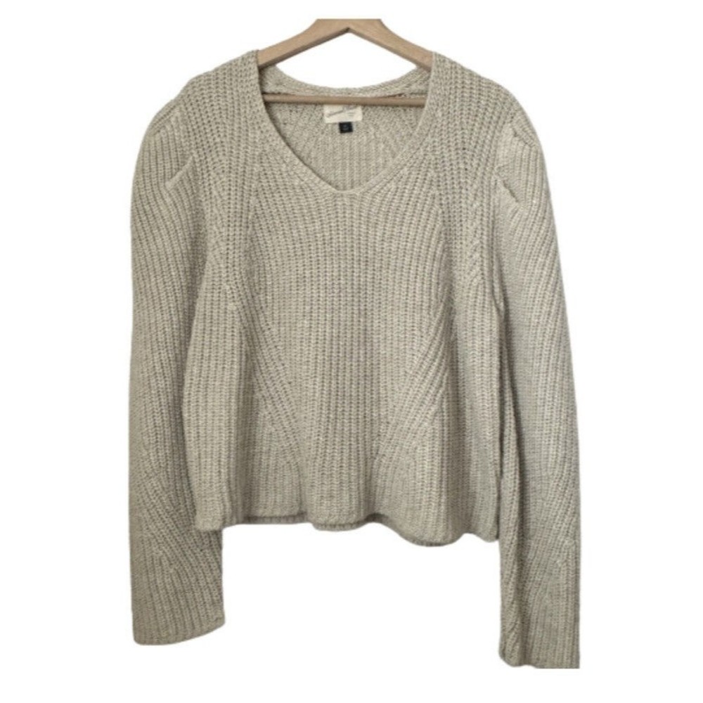 Universal Thread Sweater Womens Khaki Tan Chunky Knit Puff Sleeve V Neck Size XL